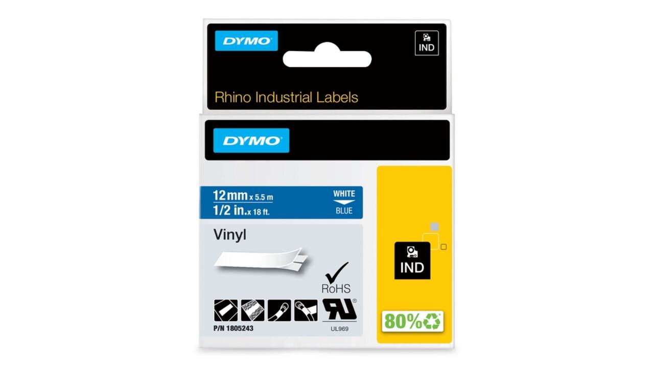 Labeltape Dymo Rhino industrieel vinyl 12mm wit op blauw