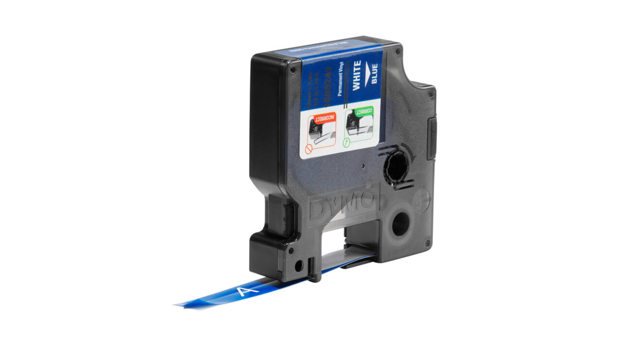 Labeltape Dymo Rhino industrieel vinyl 12mm wit op blauw