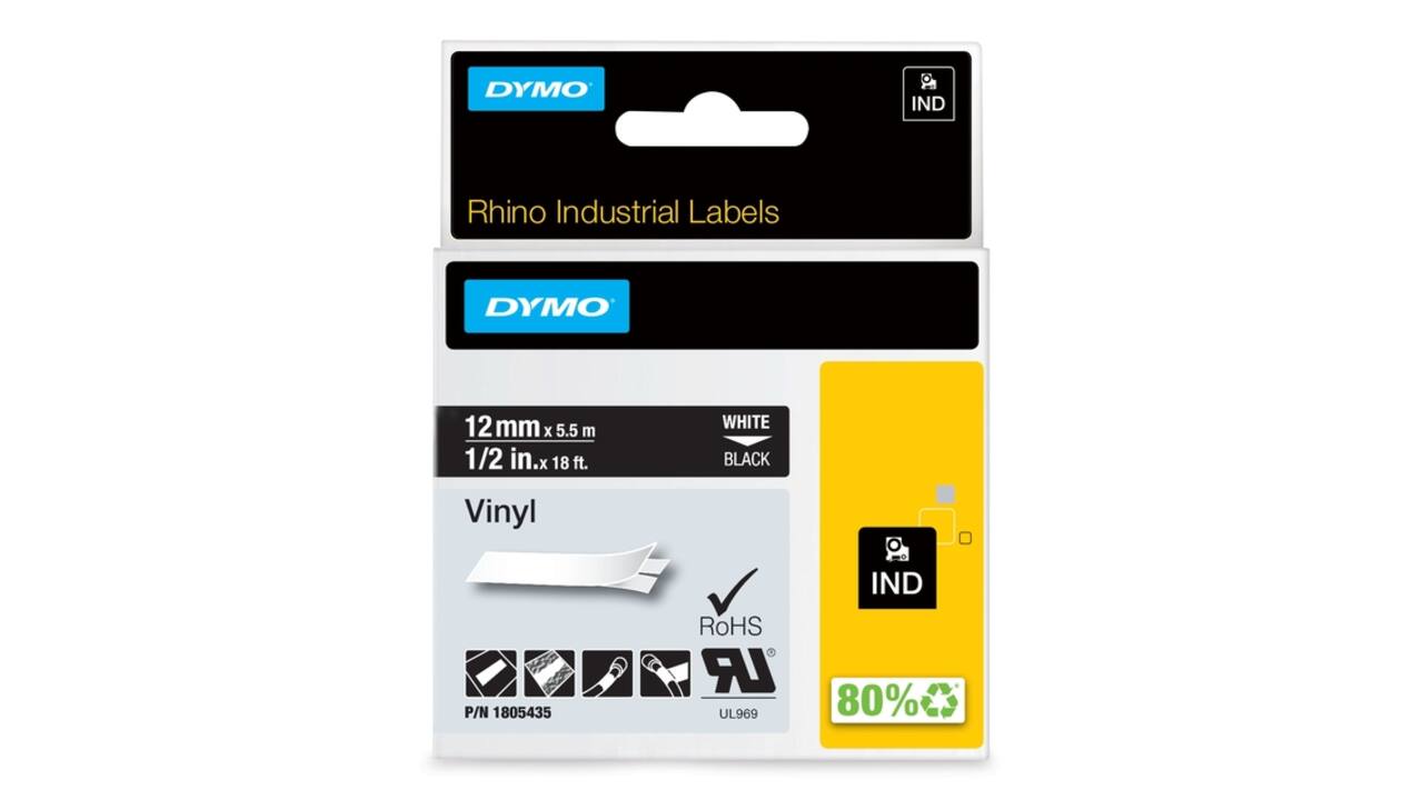 Labeltape Dymo Rhino industrieel vinyl 12mm wit op zwart