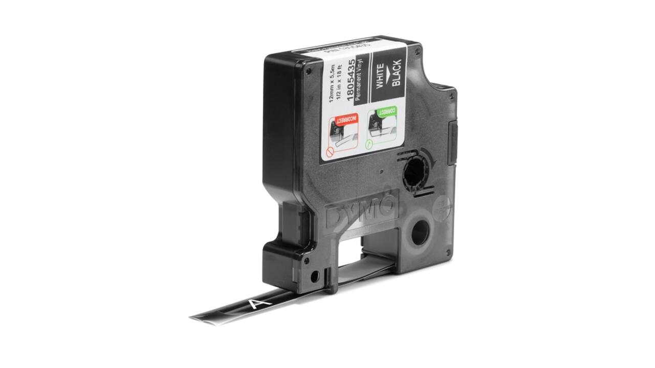 Labeltape Dymo Rhino industrieel vinyl 12mm wit op zwart