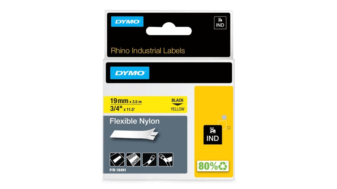 Labeltape Dymo Rhino industrieel nylon 19mm zwart op geel