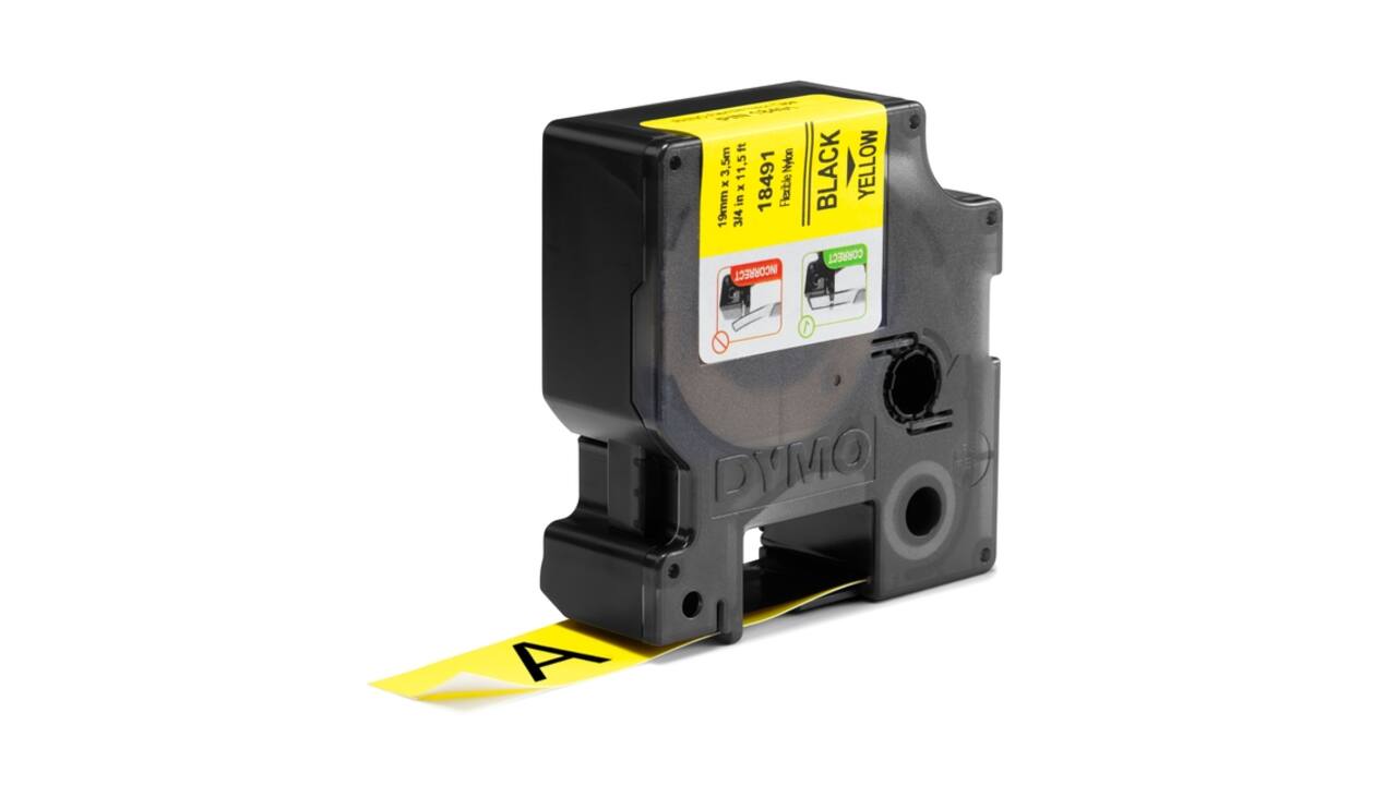 Labeltape Dymo Rhino industrieel nylon 19mm zwart op geel