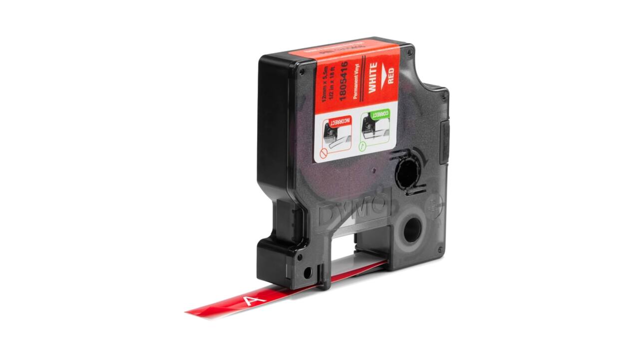Labeltape Dymo Rhino industrieel vinyl 12mm wit op rood