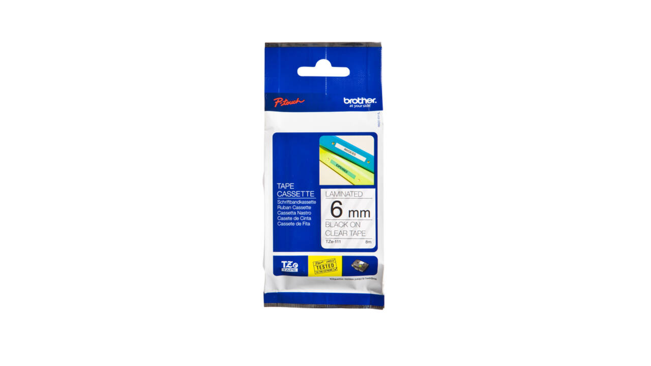Labeltape Brother P-touch TZe-111 standaard 6mm zwart op transparant