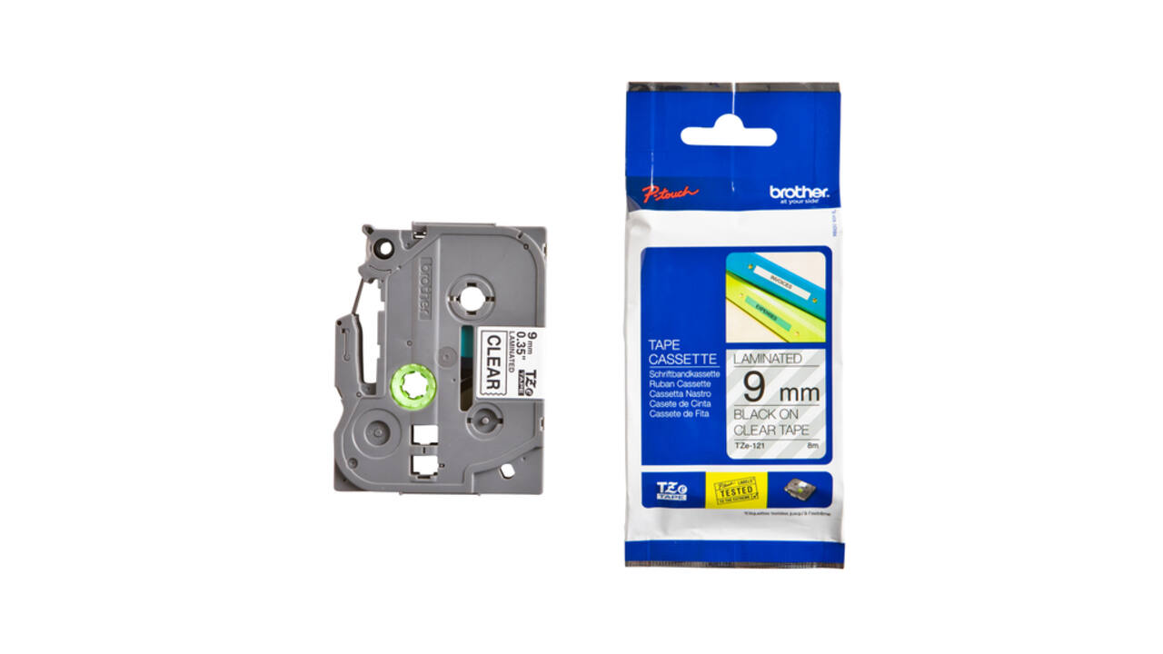 Labeltape Brother P-touch TZe-121 standaard 9mm zwart op transparant