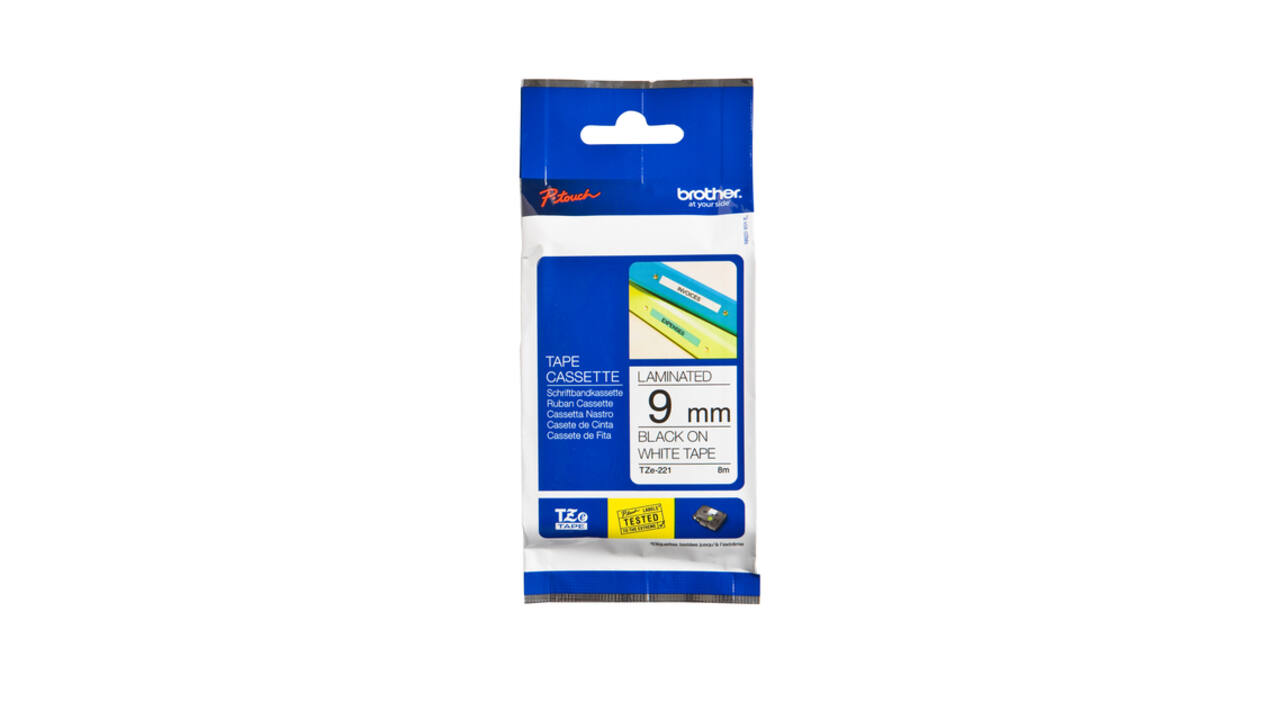 Labeltape Brother P-touch TZe-221 standaard 9mm zwart op wit