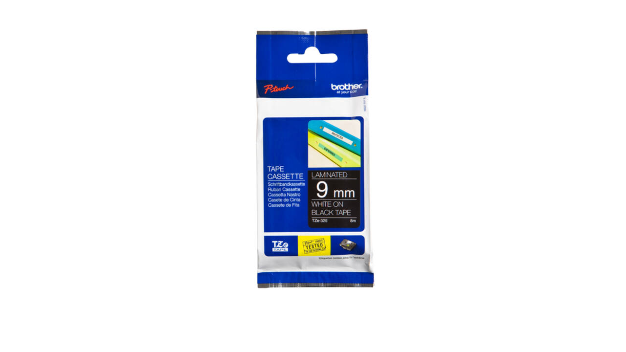 Labeltape Brother P-touch TZe-325 standaard 9mm wit op zwart