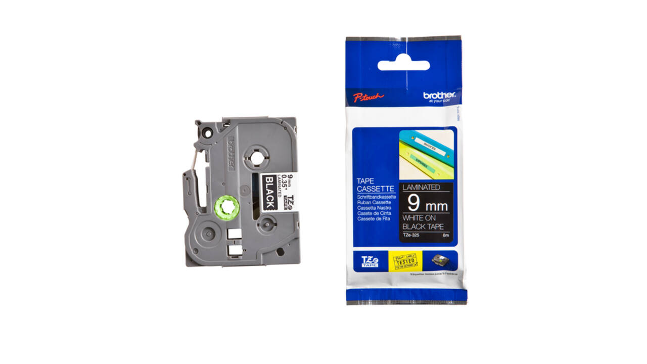 Labeltape Brother P-touch TZe-325 standaard 9mm wit op zwart