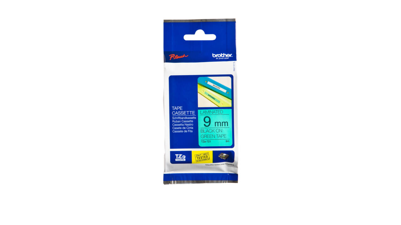 Labeltape Brother P-touch TZe-721 standaard 9mm zwart op groen