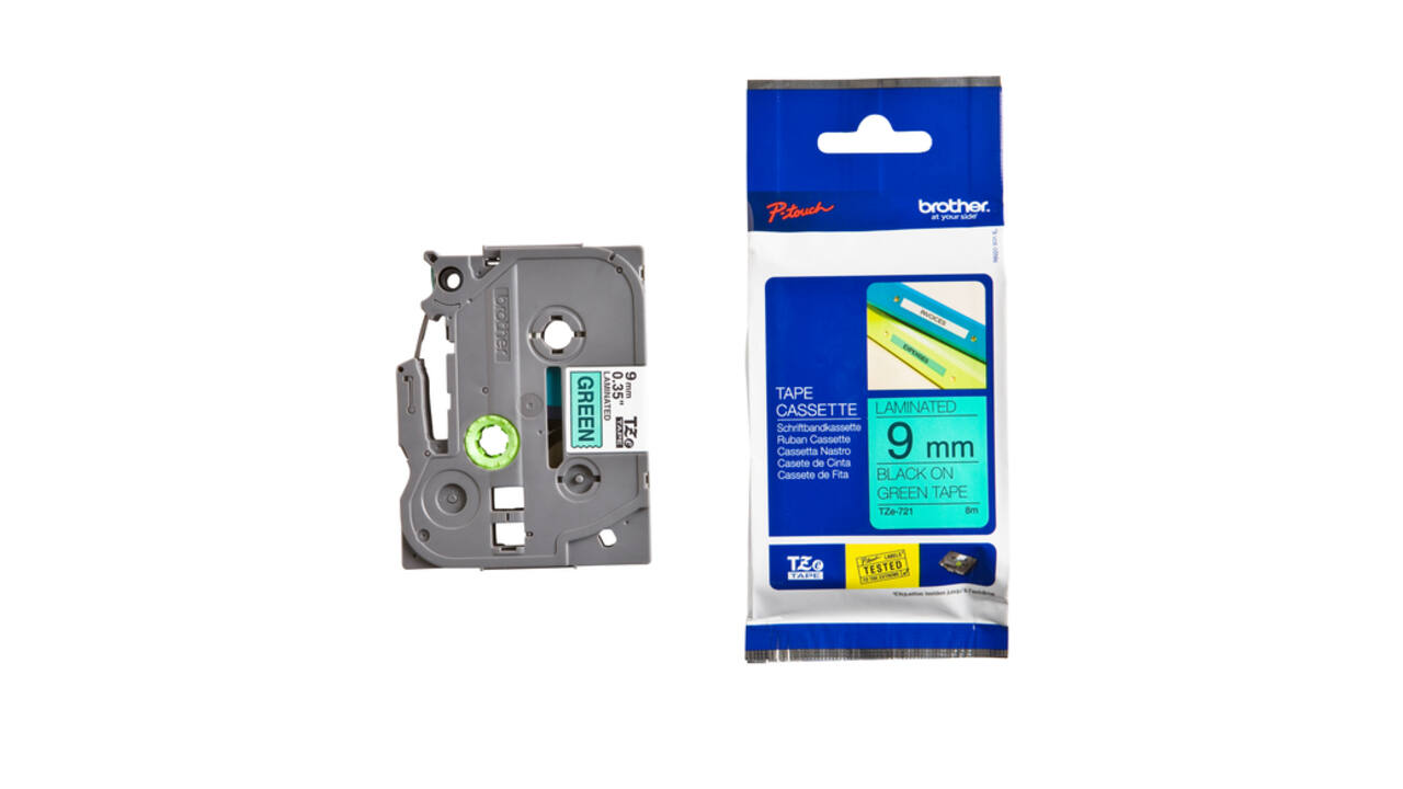 Labeltape Brother P-touch TZe-721 standaard 9mm zwart op groen