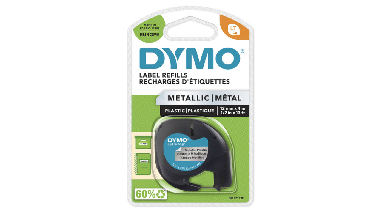 Labeltape Dymo LetraTag metallic 12mm zwart op zilver