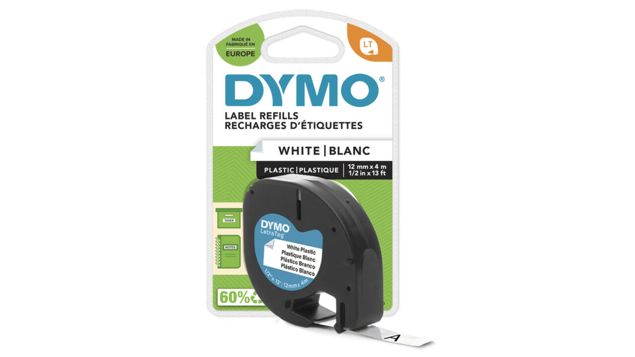 Labeltape Dymo LetraTag plastic 12mm zwart op wit