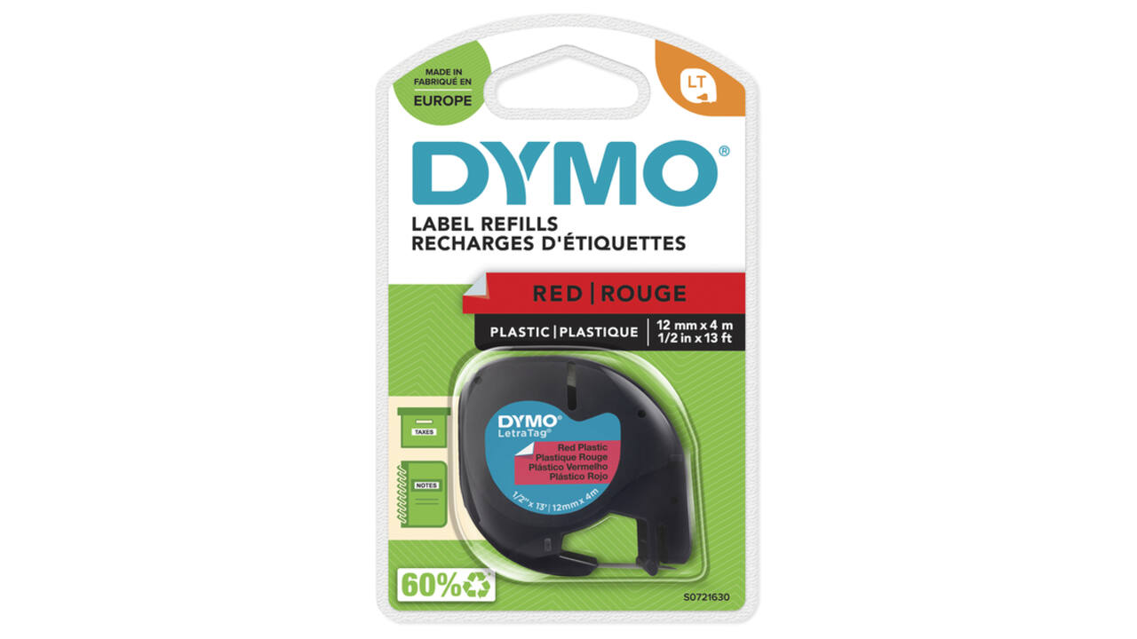 Labeltape Dymo LetraTag plastic 12mm zwart op rood