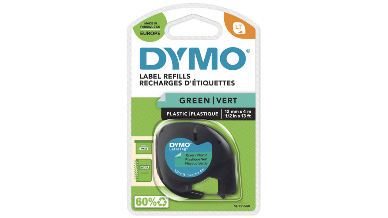 Labeltape Dymo LetraTag plastic 12mm zwart op groen