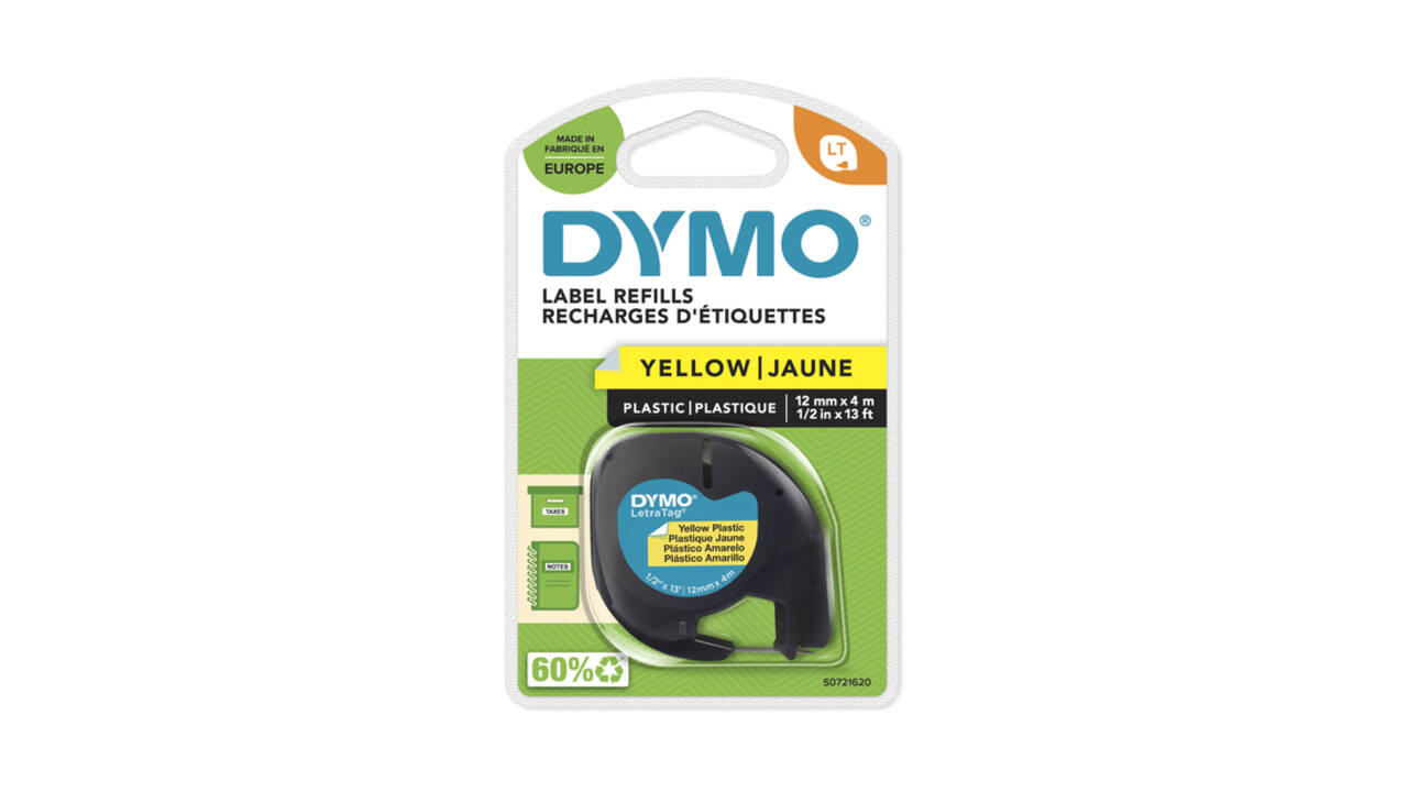 Labeltape Dymo LetraTag plastic 12mm zwart op geel