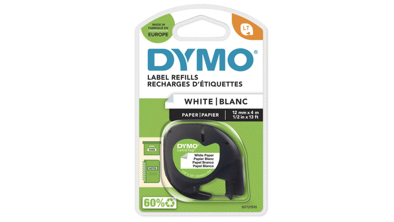 Labeltape Dymo LetraTag papier 12mm zwart op wit