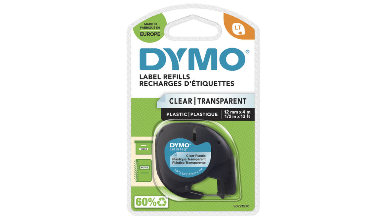 Labeltape Dymo LetraTag plastic 12mm zwart op transparant