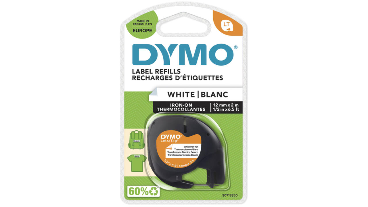 Labeltape Dymo LetraTag strijkbaar 12mm zwart op wit