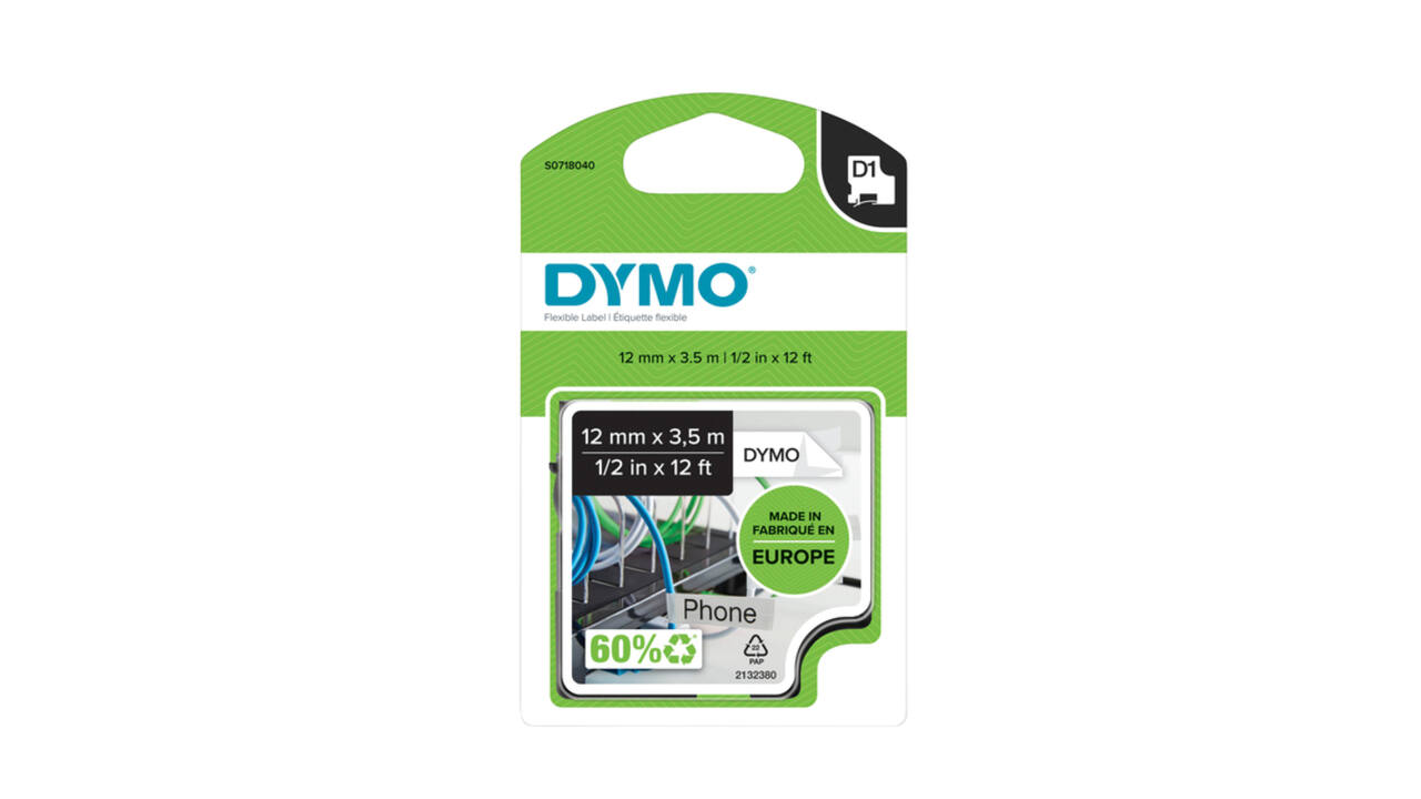 Labeltape Dymo LabelManager D1 nylon 12mm zwart op wit