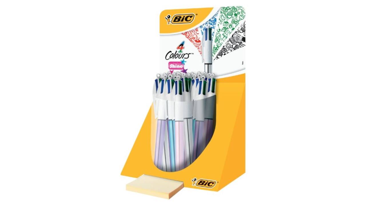 Balpen Bic 4kleuren shine medium zilver/paars/roze/blauw