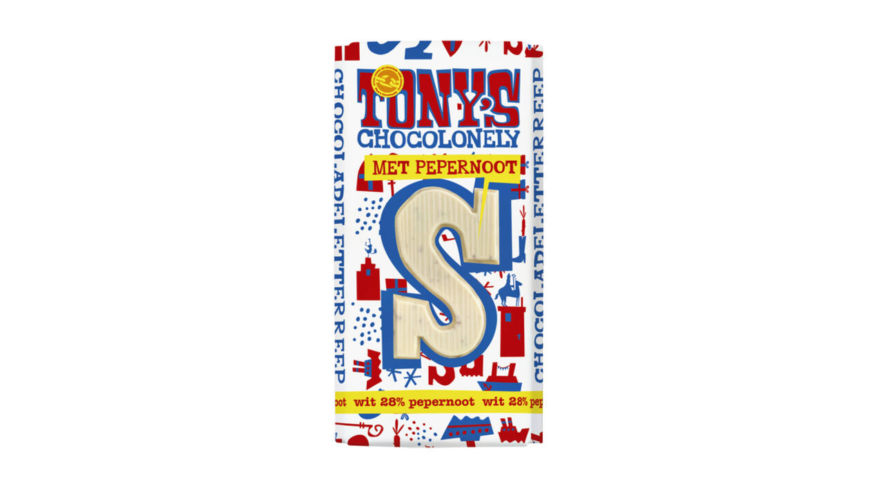Chocoladeletter Tony's Chocolonely wit pepernoot S 180gr