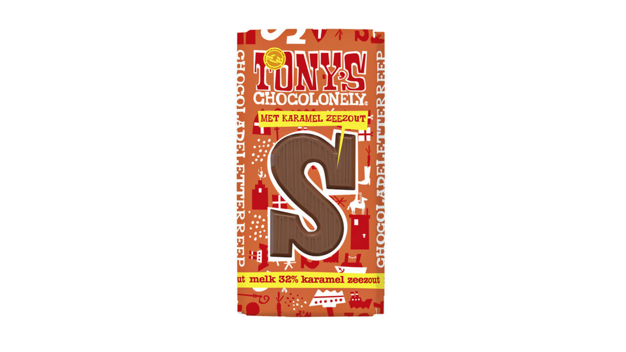 Chocoladeletter Tony's Chocolonely melk karamel zeezout S 180gr