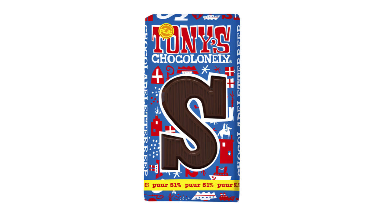 Chocoladeletter Tony's Chocolonely puur S 180gr