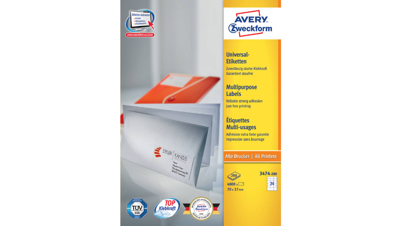 Etiket Avery 3474-200 70x37mm wit 4800 stuks