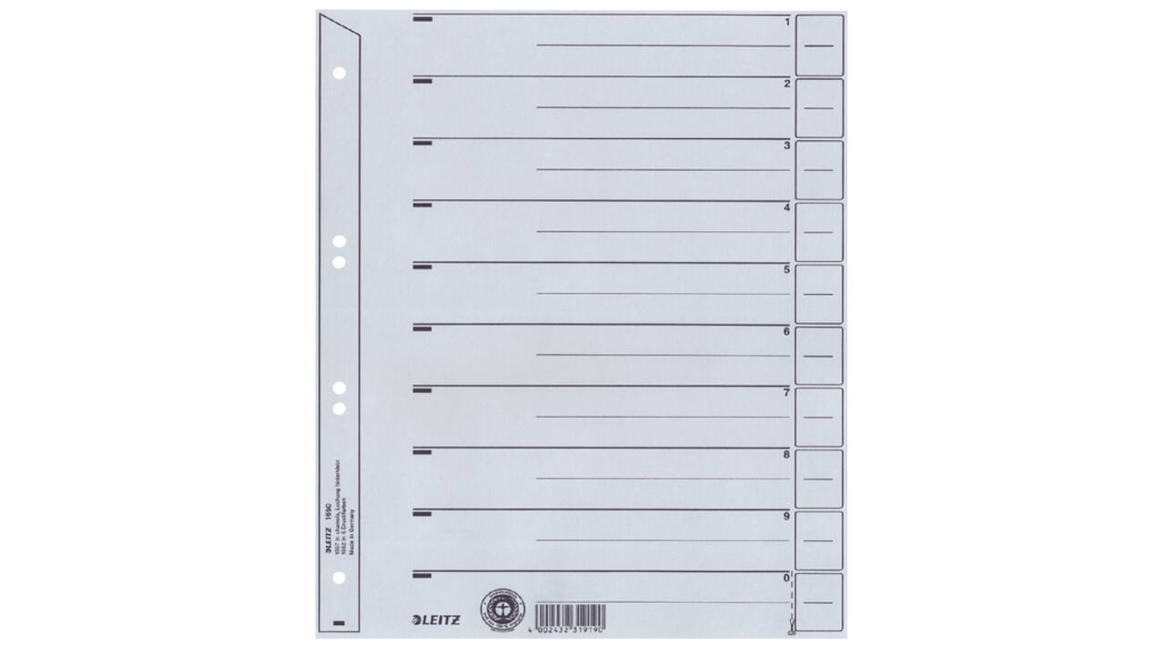 Scheidingsbladen Leitz A4 karton 200gr 6-gaats grijs 100 stuks