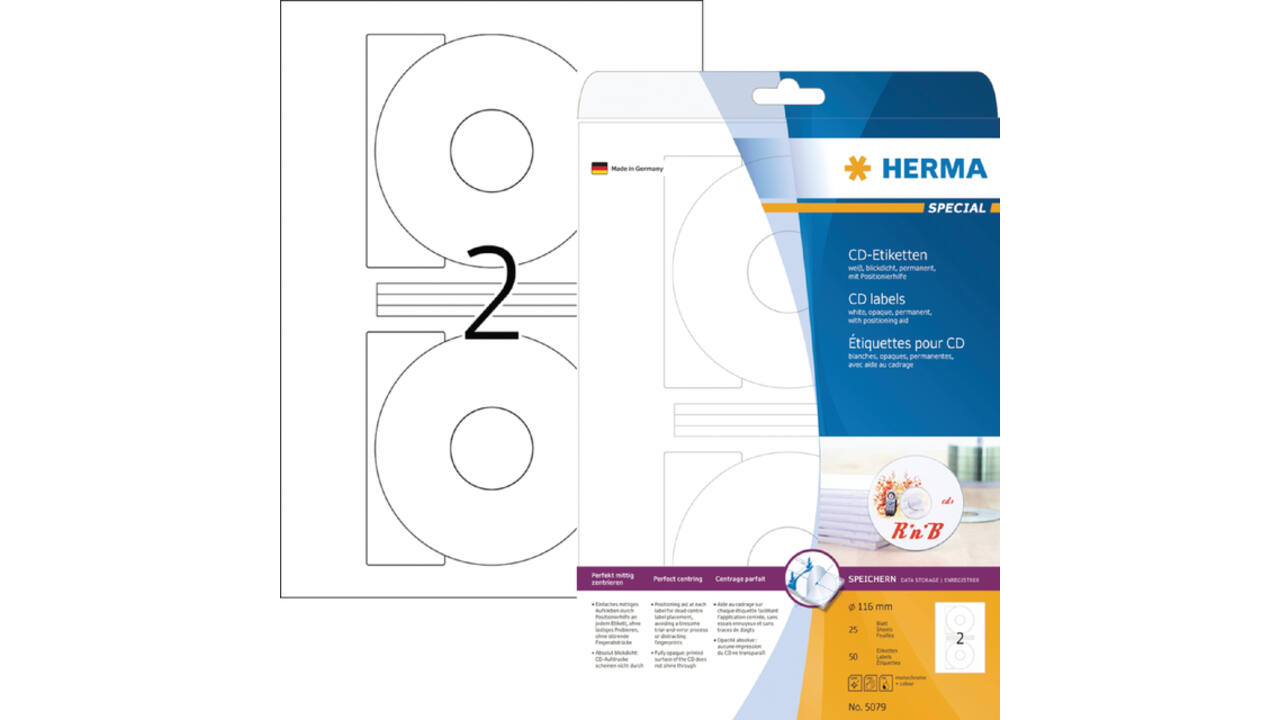 Etiket HERMA 5079 CD 116mm wit opaqua 50 stuks