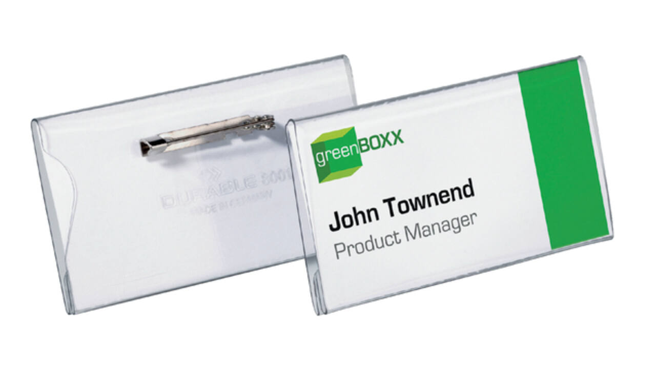 Badge Durable 8001 met speld en klemrand 40x75mm