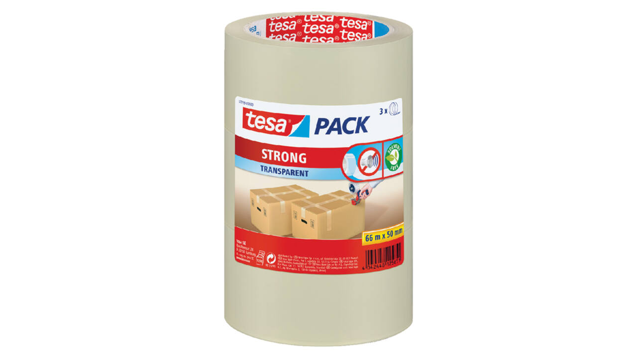 Verpakkingstape tesapack® Strong 66mx50mm PP transparant 3 rollen