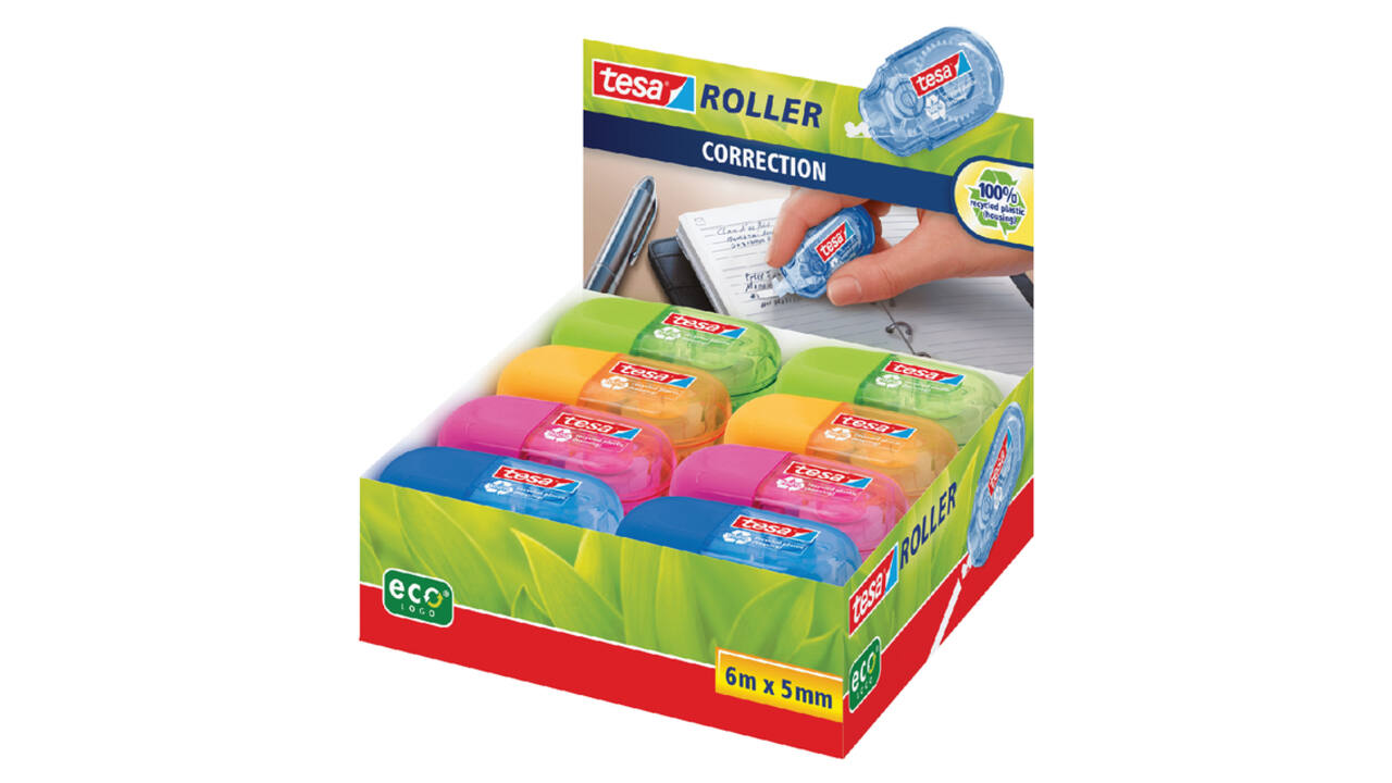 Correctietape tesa® ecoLogo® mini 5mmx6m doos à 16 stuks assorti