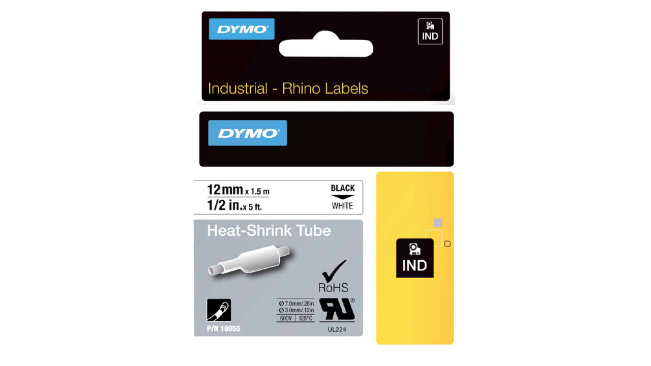 Labeltape Dymo Rhino industrieel krimpkous 12mm zwart op wit