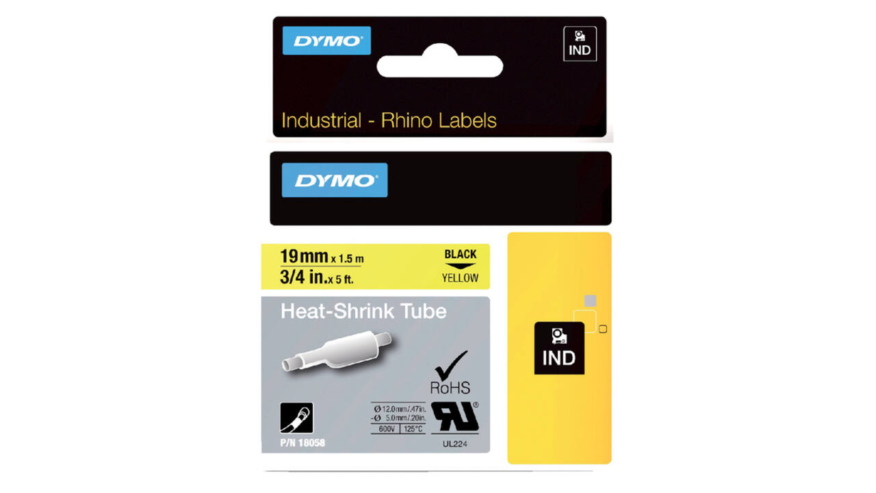 Labeltape Dymo Rhino industrieel krimpkous 19mm zwart op geel