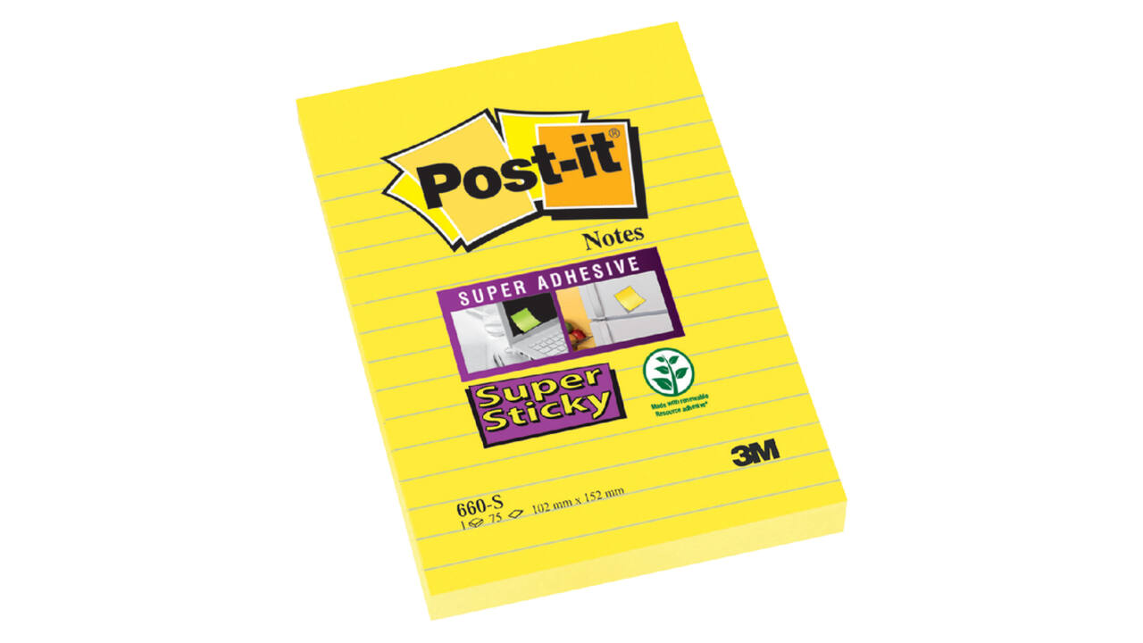 Memoblok Post-it 660 Super Sticky 102x152 geel met lijn 75 vel