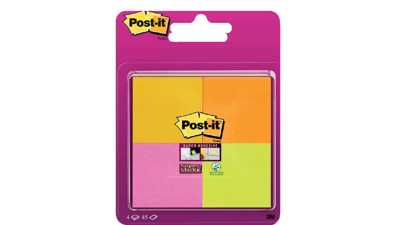 Memoblok Post-it 6910 Super Sticky 51x51mm assorti 4 stuks