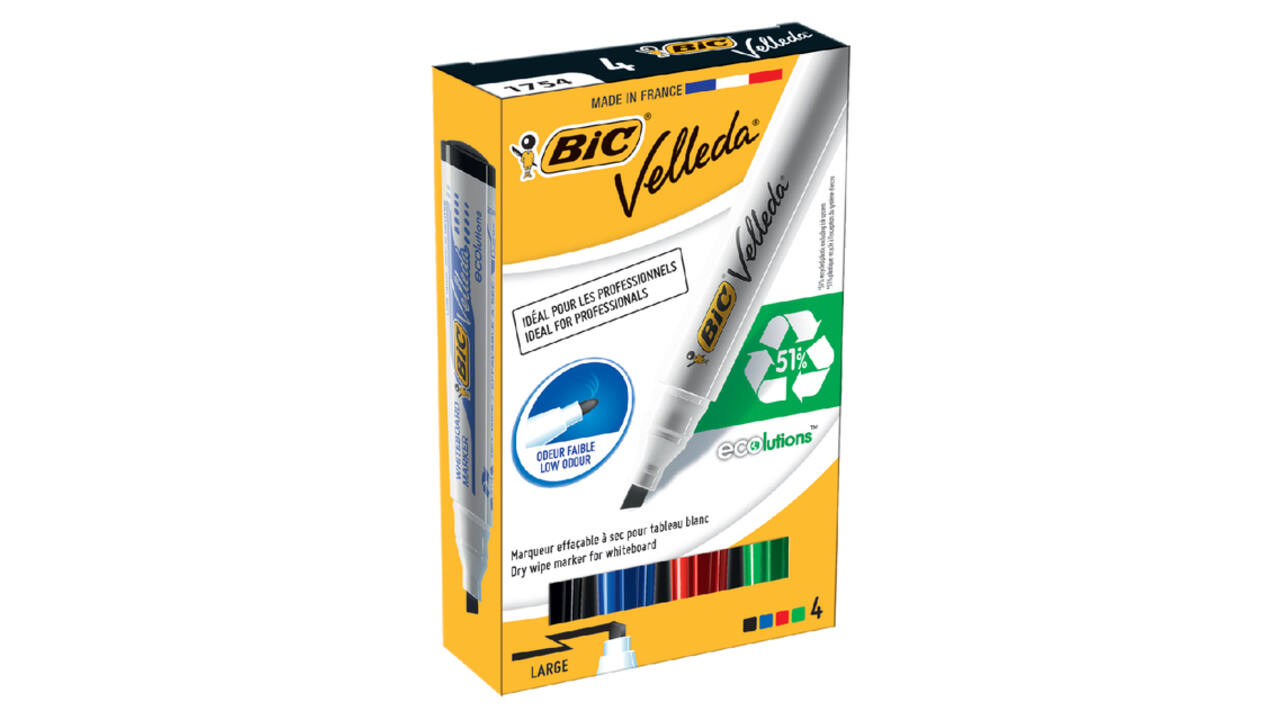 Whiteboardmarker Bic Velleda 1751 schuin large assorti set à 4 stuks