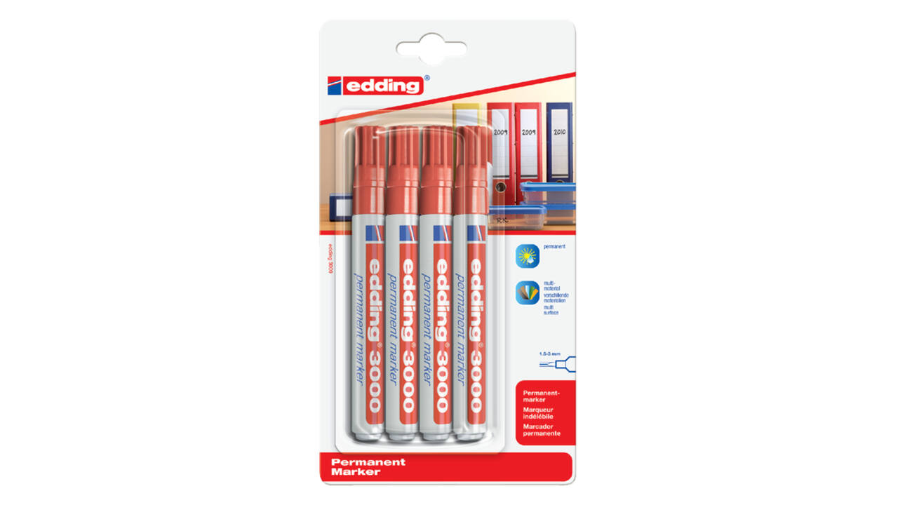 Viltstift edding 3000 rond 1.5-3mm rood blister à 4 stuk