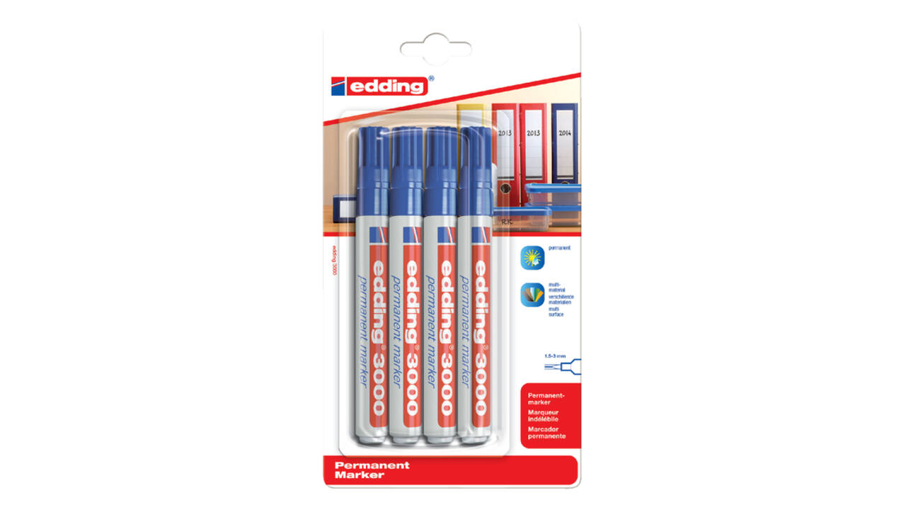 Viltstift edding 3000 rond 1.5-3mm blauw blister à 4 stuks