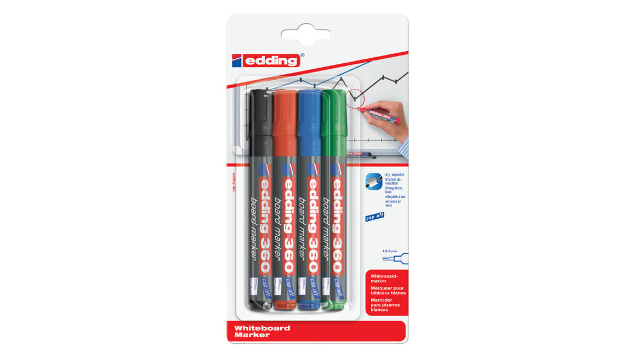 Whiteboardmarker edding 360 rond 1.5-3mm assorti blister à 4 stuks