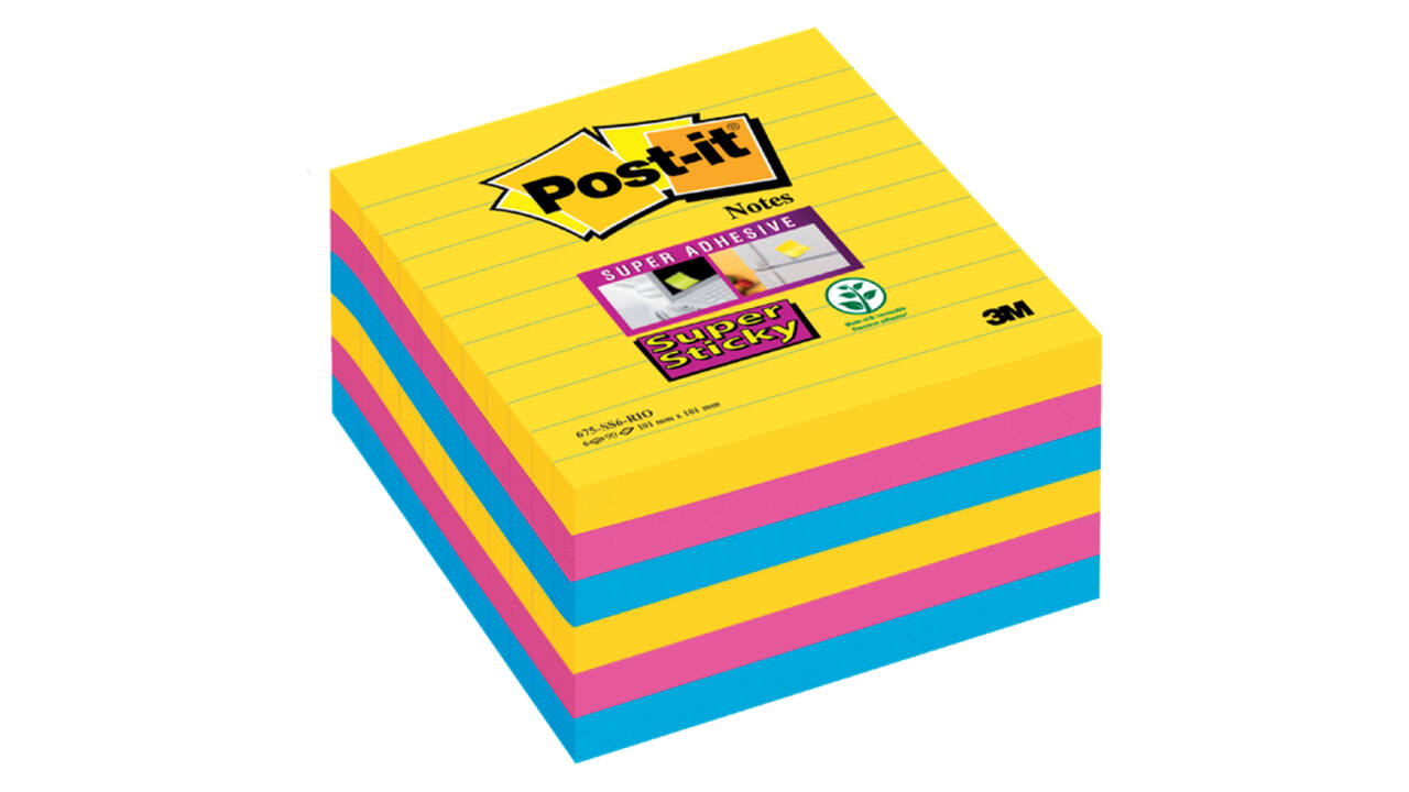 Memoblok Post-it 675 Super Sticky 101x101mm lijn Rio 6 stuks