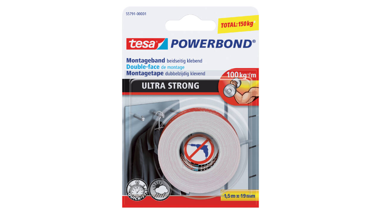 Plakband tesa® Powerbond Ultra Strong dubbelzijdig 1,5mx19mm wit