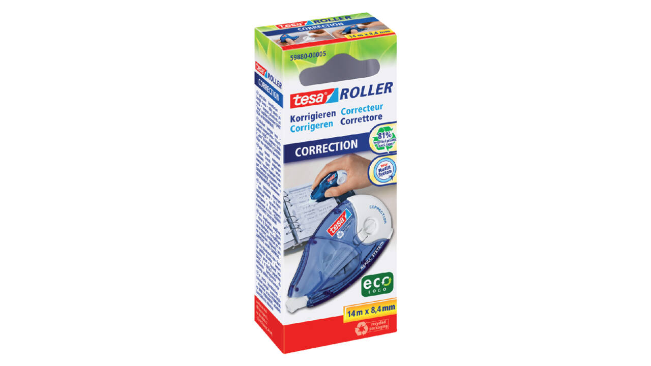 Correctietape tesa® ecoLogo® 8,4mmx14m navulbaar hangdoosje