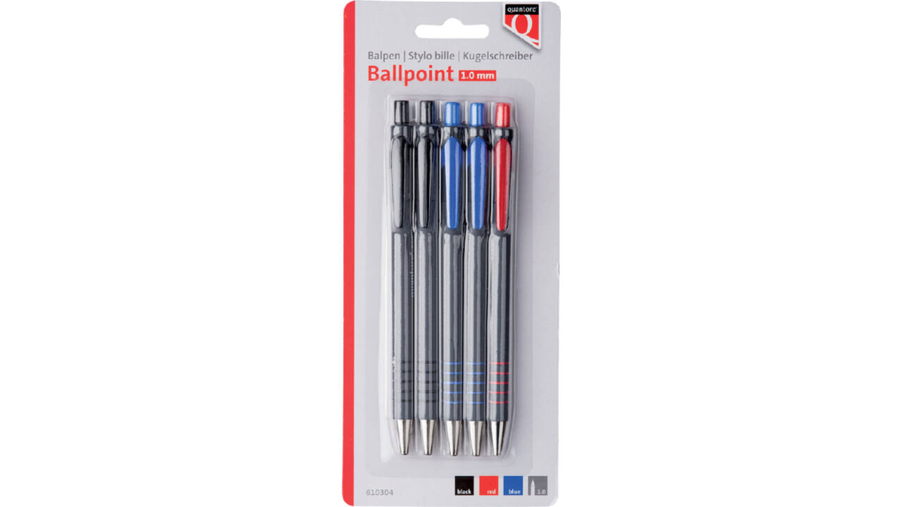 Balpen Quantore grip drukknop assorti 5 stuks