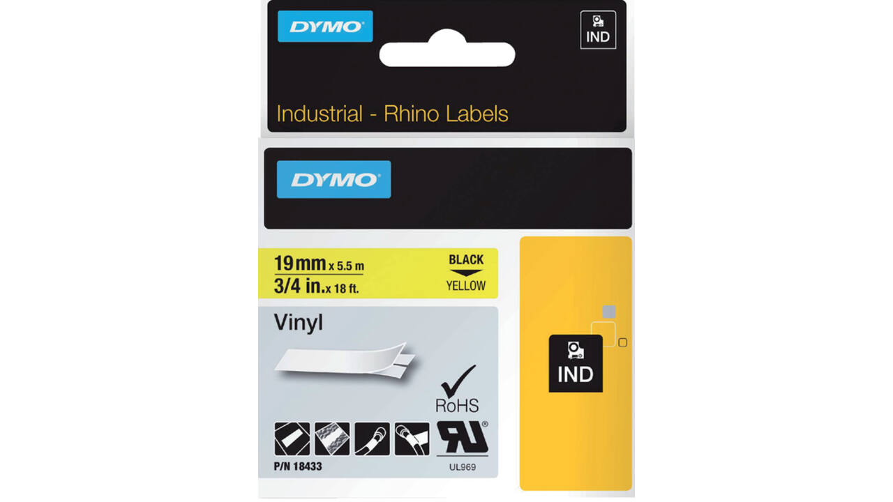 Labeltape Dymo Rhino industrieel vinyl 19mm zwart op geel