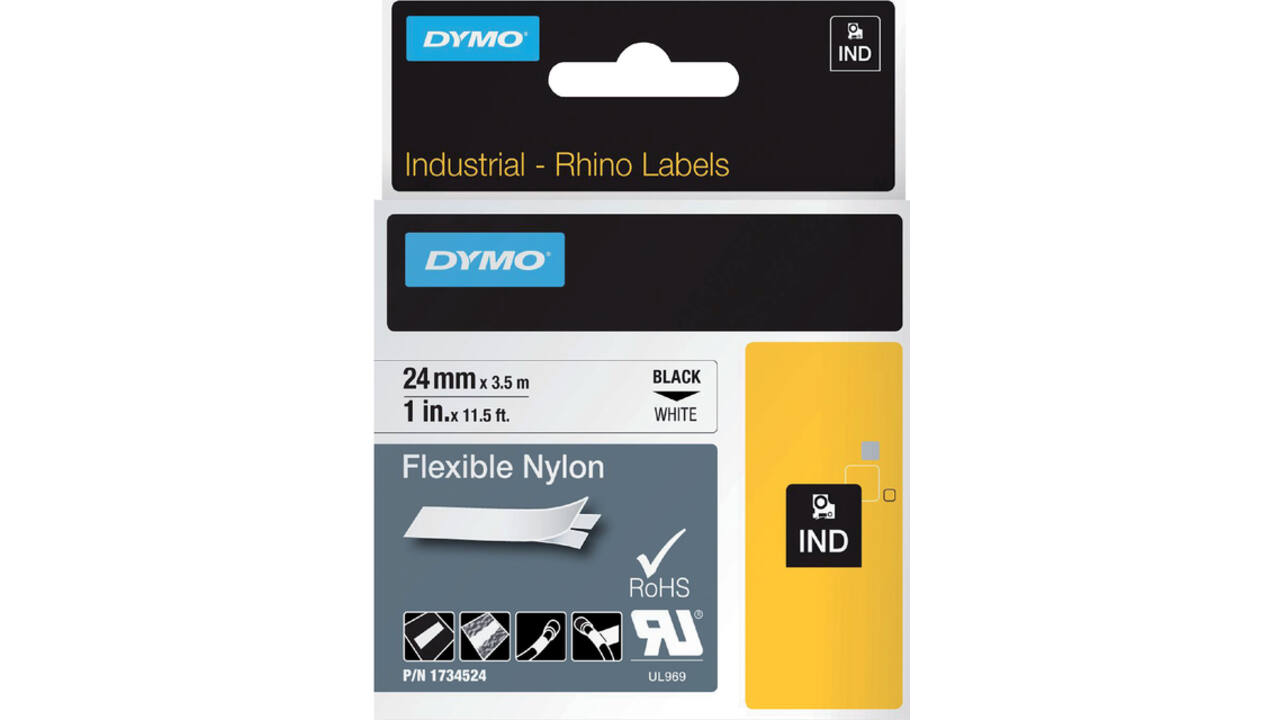 Labeltape Dymo Rhino industrieel nylon 24mm zwart op wit