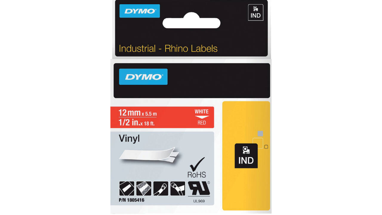 Labeltape Dymo Rhino industrieel vinyl 12mm wit op rood