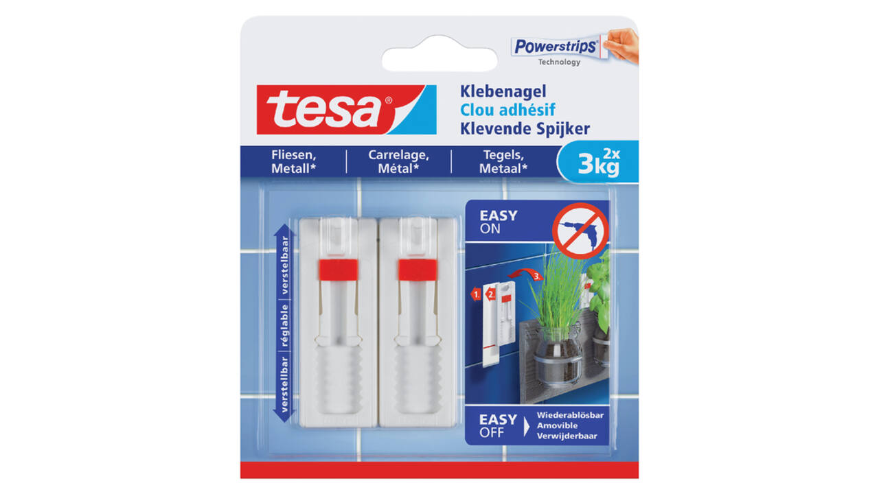 Klevende Spijker tesa® tegels & metaal 3kg verstelbaar wit 2 stuks