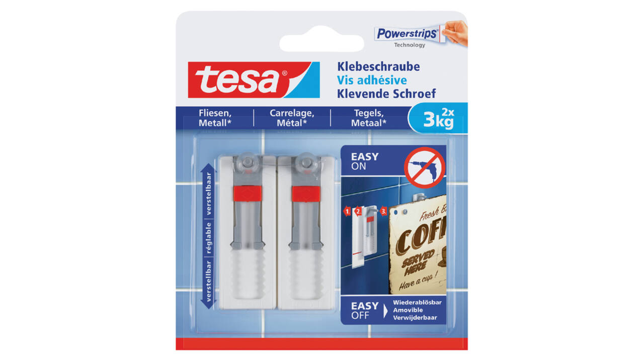 Klevende schroef tesa® tegels & metaal 3kg verstelbaar wit 2 stuks